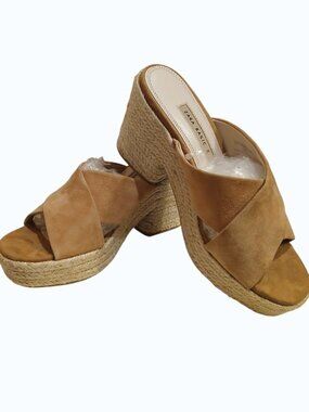 ZARA BASIC Camel Suede Jute Wedge Slides - Like New